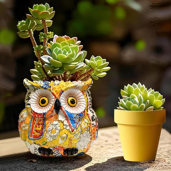 Yellow Owl Planter, Owl Flower Pot, Owl Succulent Pots, Owl Statue Decor, Animal Plant Pots Indoor/Outdoor, Cute Flower Pots with Drainage, Figurine Plant Pot, Decorative Planters Gifts for Women