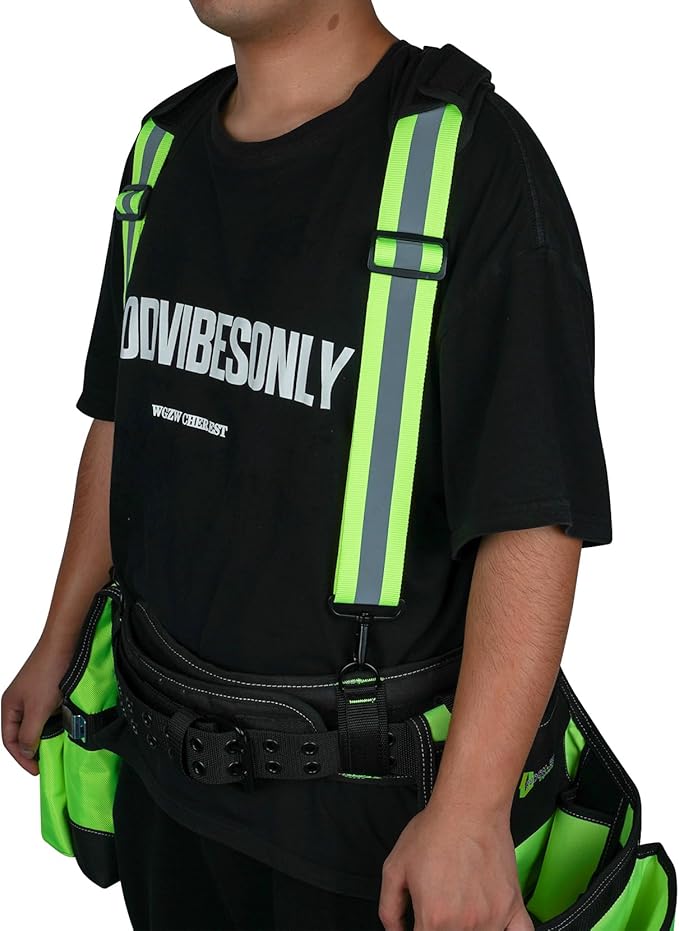 MELOTOUGH High Visibility Tool Belt Suspenders Safety Reflective Tool belt Harness for Heavy Duty Work belt with Movable shoulder Pads, Quick lobster clasp (4 point support with high visibility)