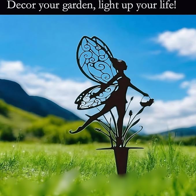 Decorative Garden Stakes Fairy Garden Statues Metal Weather Resistant 3 Piece Outdoor Decorative Set Black
