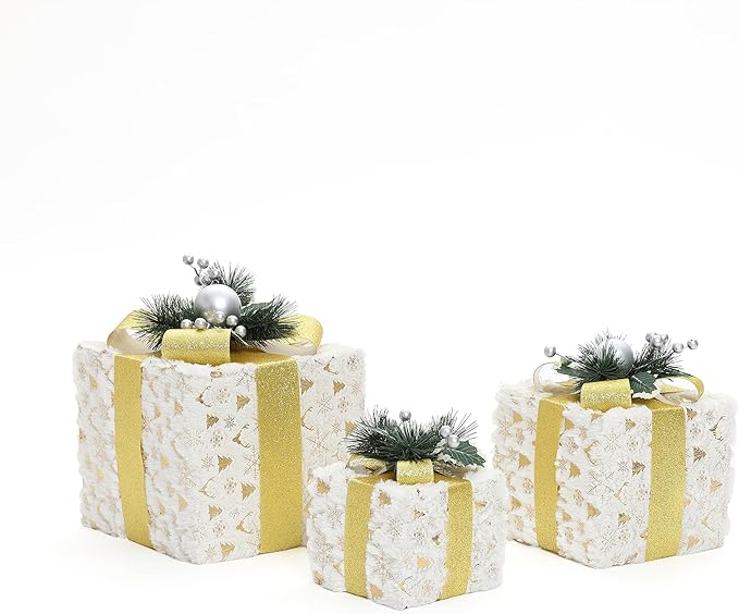 LuxenHome Set of 3 Lighted Gift Boxes, Battery Operated Snowflake Fabric with Gold Ribbon Bow Boxes for Xmas, Lawn, Porch, Under Tree Indoor, Outdoor Christmas Decorations