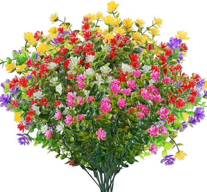 8 Bundles Artificial Flowers, Fake Artificial Greenery UV Resistant No Fade Faux Plastic Plants for Wedding Bridle Bouquet Indoor Outdoor Home Garden Kitchen Office Table Vase