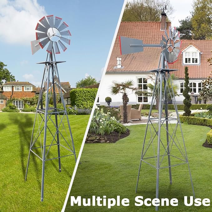 8FT Windmill for Yard Garden Decoration with Weather Vanes,Heavy Duty Outdoor Wind Mills, Large Metal Outdoor Windmill,Weather Resistant,Gray
