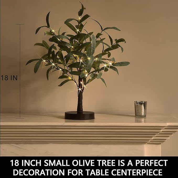Fudios Little Lighted Tree with Timer 18in 50 LED USB Battery Operated Table Top Bonsai Olive Trees Light Artificial Plant for Home Decor Indoor