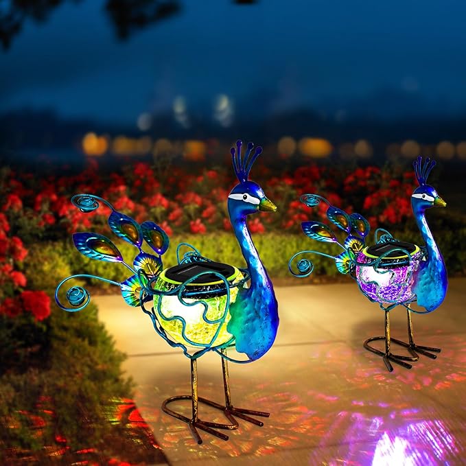 HONGLAND Solar Peacock Statue Light, Solar Animal LED Lights Outdoor, Solar Power Figurine Waterproof Metal Peacock Yard Art for Pathway Patio Backyard Decoration Lawn Ornaments, Peacock Blue