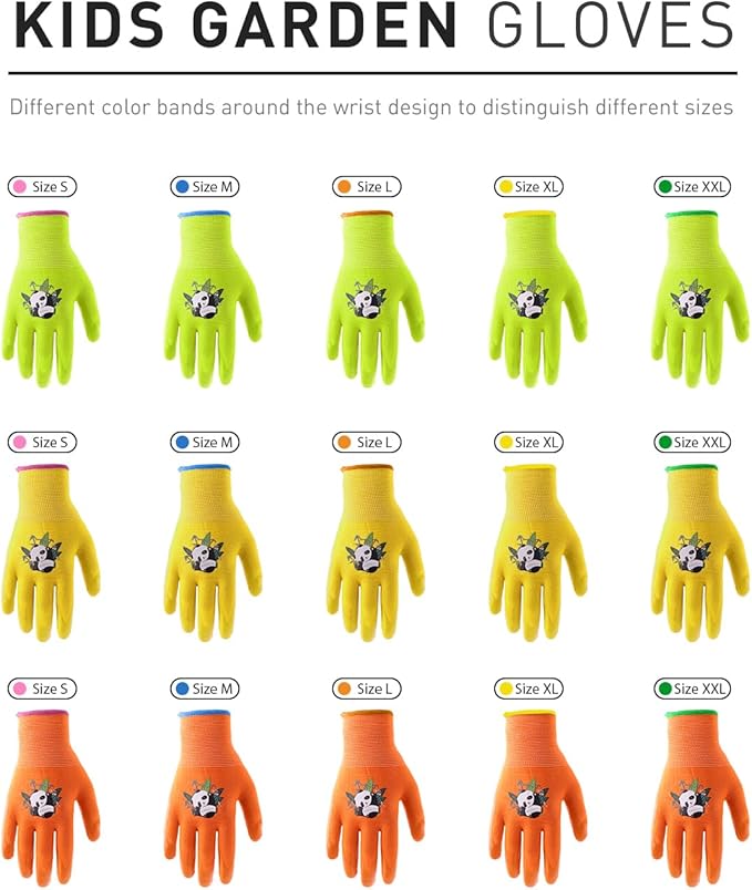 HANDLANDY 3 Pairs Kids Gardening Gloves Latex Free, Nitrile Coated Children Toddler Garden Yard Outdoor Playing Gloves for Little Girls Boys (Size M)