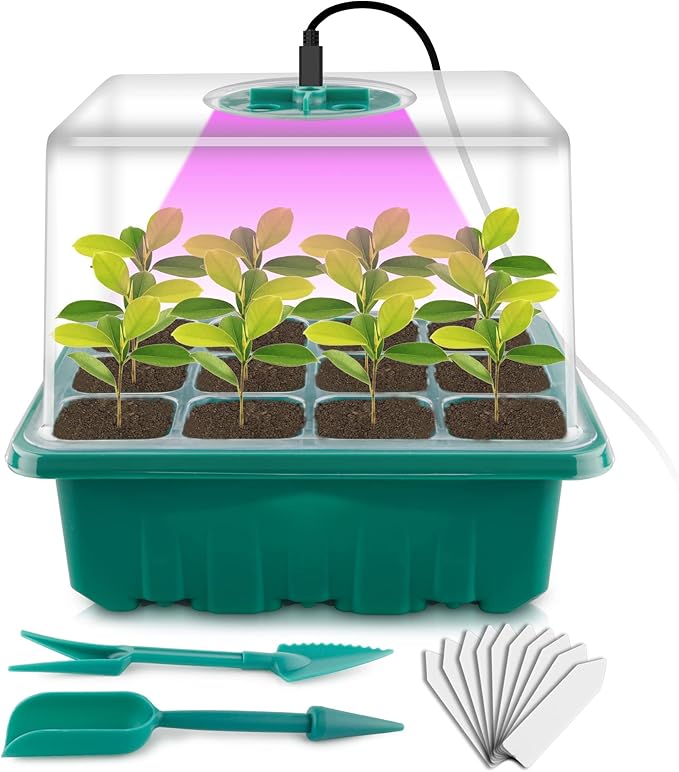 Seed Starter Tray with Grow Light, Seed Starter Kit, Plant Germination Starting Trays with Humidity Dome and Base for Greenhouse Grow Wheatgrass Hydroponic(12 Cells per Tray)(with Grow Lights)