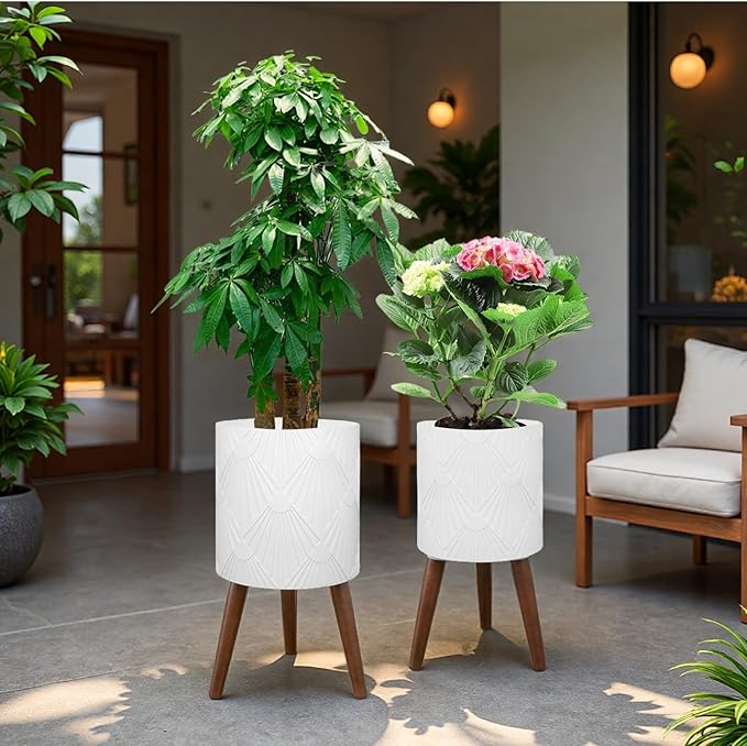 Plant Pot with Stand, Large Planters for Indoor Plants, Modern Standing Round Flower Pots Indoor with Wood Planter Holder, White Maple Leaf Pattern, 2 PCS (10 inch+12 inch)