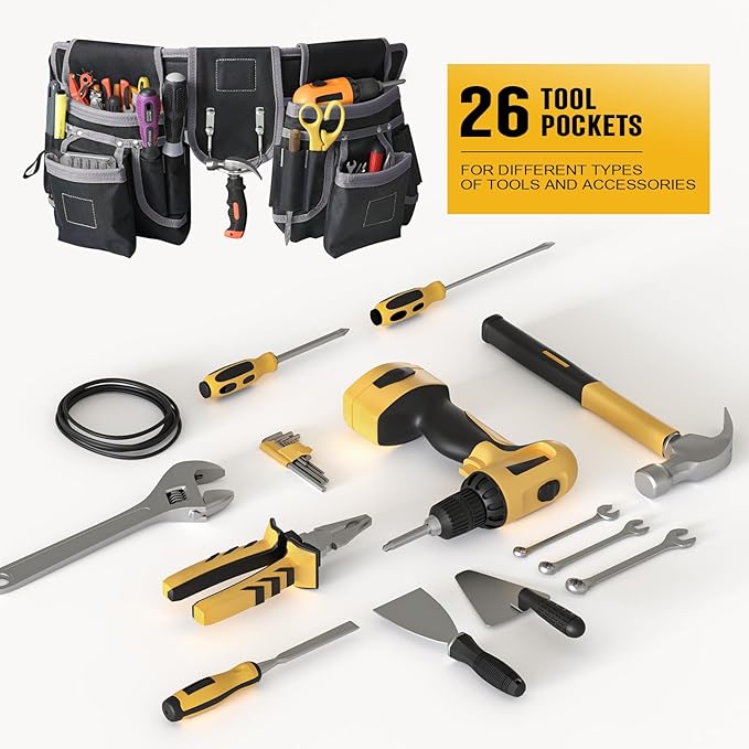 Tool Belts for Men with Suspenders - Magnetic Tool Pouch 26 Pockets Heavy Duty Work Belts - Detachable Adjustable Tool belt Pouch Bag for Electrician, Carpenter, Construction