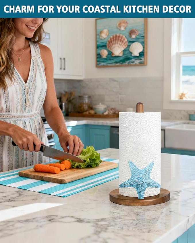 Starfish Ocean Decor for Kitchen & Bathroom, 3D Starfish Gifts for Women, Cute Wooden Paper Towel Holder, Kitchen Accessories, Housewarming Gifts
