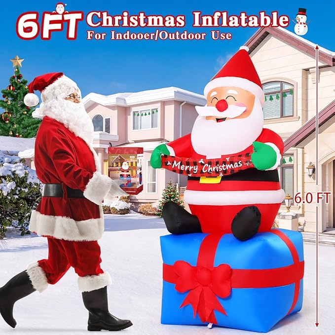 GOOSH 6 FT Christmas Santa Inflatables Outdoor Decorations Smiling Santa Claus Seated with Banner on Present Boxes Blow Up Yard with Built-in LEDs for Christmas Party Yard Garden Lawn Decoration