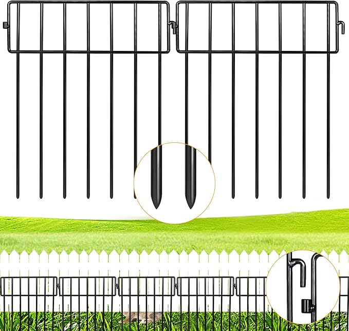 Adavin Black Animal Barrier Fence-24 Pack 12 in(L)X 15 in(H) No Dig Garden Decorative Fence 1.5" gap Rustproof Metal Dig Deterrent Panel Border for Dog Rabbits Ground Stakes Outdoor Patio,Total 24 Ft
