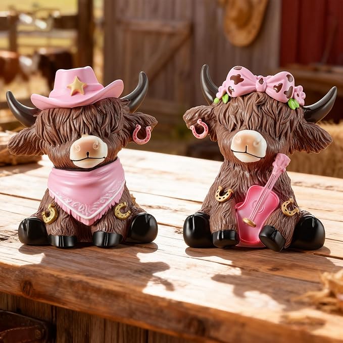 Wesiti 2 Pcs Cowgirl Highland Cow Figurines, Western Farmhouse Resin Cow Statues with Pink Cowboy Hat, Guitar and Bow, Christmas Cute Calf Lovers Gifts Ornaments for Home Shelf Holiday Decor