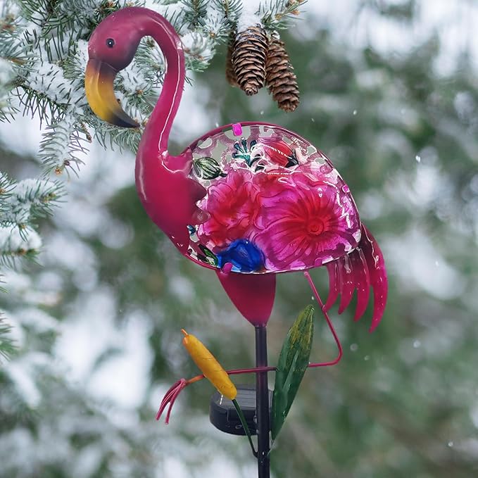 Solar Flamingo Garden Decor - Solar Pathway Lights & Stakes, Glass & Metal, Waterproof for Patio, Lawn, Courtyard