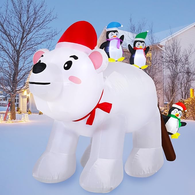 8FT Long Christmas Inflatables Decorations, Outdoor Penguins & Polar Bear Giant Blow Up with Built-in LED Lights for Yard Garden Lawn Holiday Decor