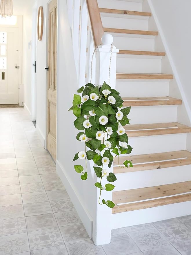 Briful Fake Hanging Flowers 2 Pack 25.6" Artificial Morning Glory Silk Floral Bush Faux Hanging Vine Plants Outdoor Fake Flowers for Home Office Outside Planter Porch Patio Yard Garden Decor(White)