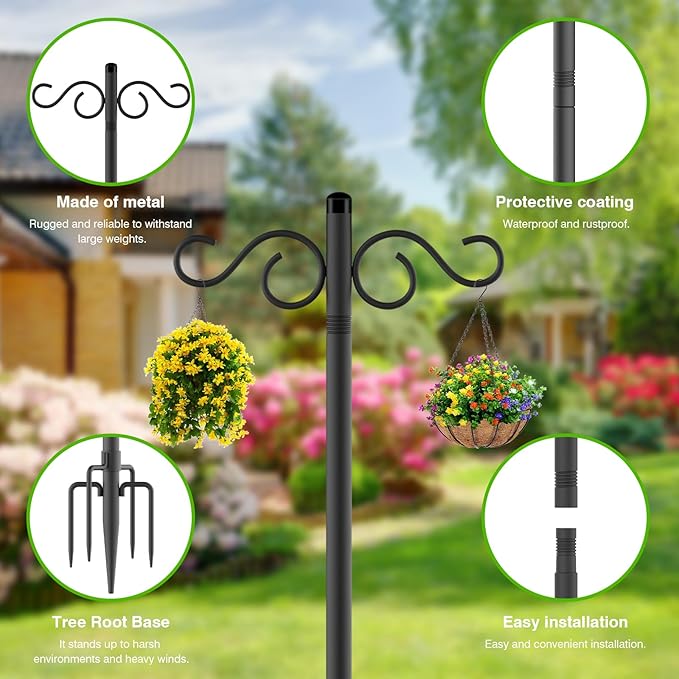 Double Shepherds Hooks for Outdoor,1 Pack 90 Inch Bird Feeder Pole with 5 Prongs Base,Heavy Duty Shepherds Hook,Suitable for Garden in Hanging Flower Basket,Lantern,Bird Nests (1 Pack 90 inch)