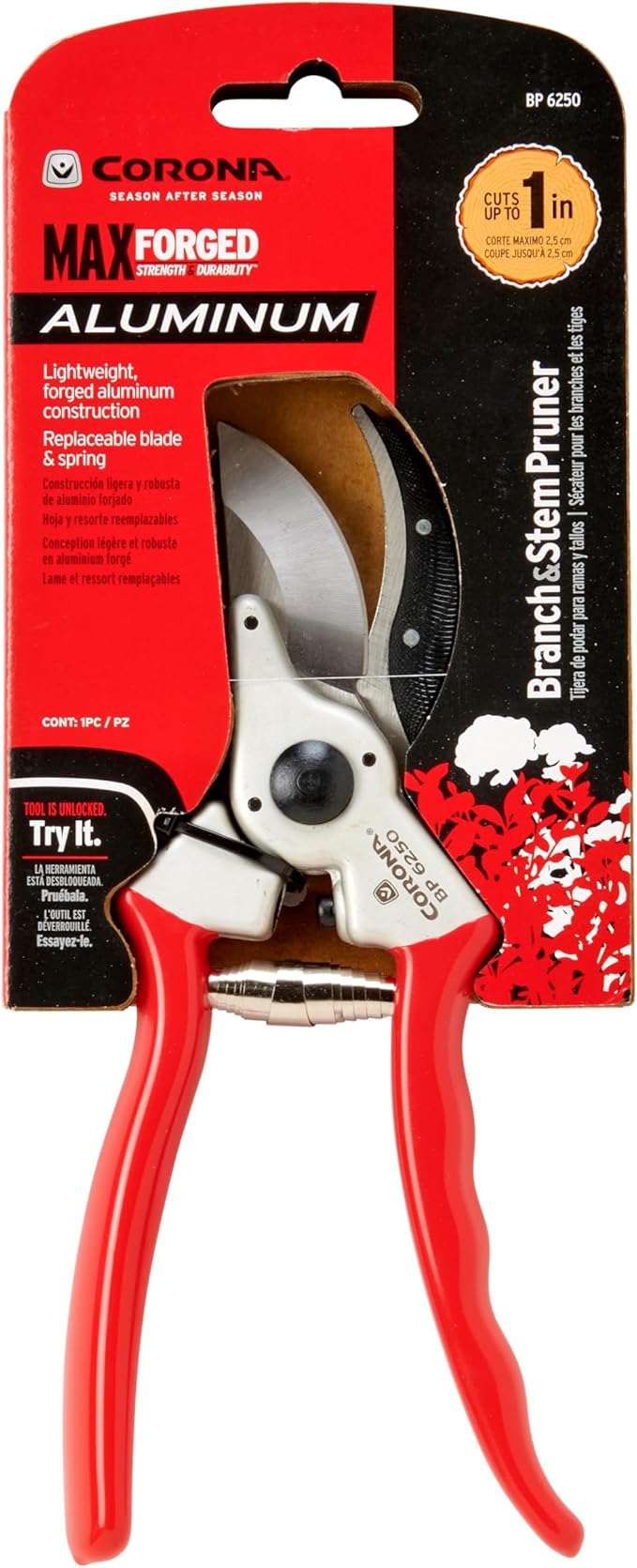 Corona BP 6250 Forged Steel Aluminum Handles Bypass Hand Pruner - 1 inch Cut Capacity Stem and Branch Garden Shears, Red