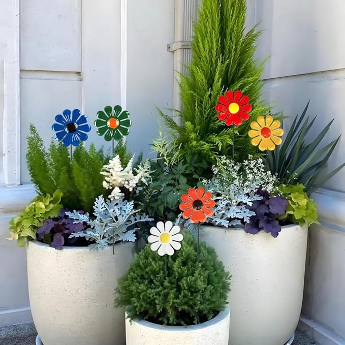 6 Pcs Metal Flower Garden Stake for Outside,Sunflower Outdoor Decor,Multicolored Decorative Flowers Stakes,Easy Assembly for Spring Decorations,Yard, Lawn & Patio Pathway