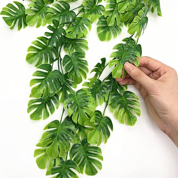Artificial Hanging Plants 2 Pack, Monstera Leaves Fake Vine Ivy Leaf Green Rattan Greeny Tropical Palm Outdoor UV Resistant Plastic Plants for Bedroom Home Garden Office Wedding Décor