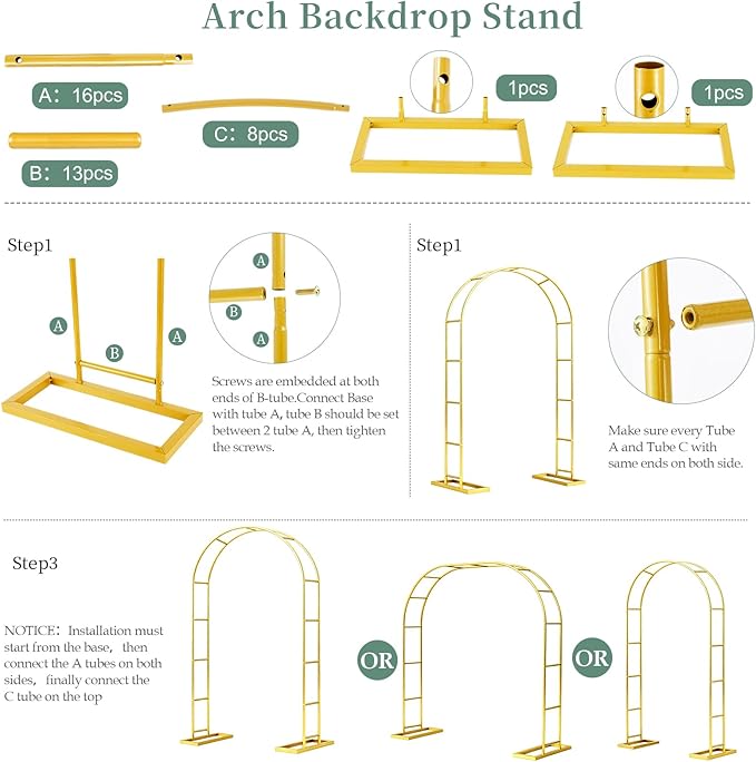 Wedding Arch 6.6FTx3.5FT, Garden trellis for climbing plants outdoor, Gold Metal Pergola Arbors for Flower Arch Archway, Assemble Freely 3 Sizes for Party Decoration,Garden Wide Arbor Trellis