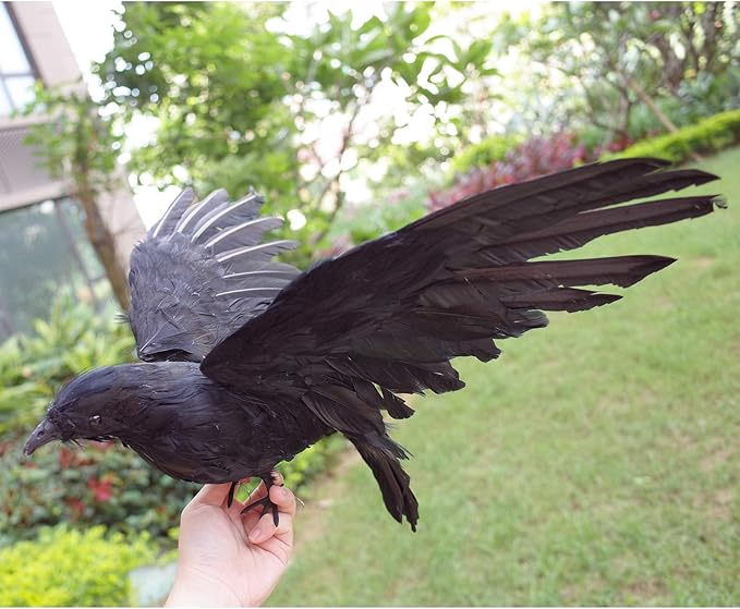 Etistta 2-Pack Realistic Crows Lifesize Extra Large Handmade Black Feathered Crow for Halloween Decorations Birds, XL (15 inch+15 inch)