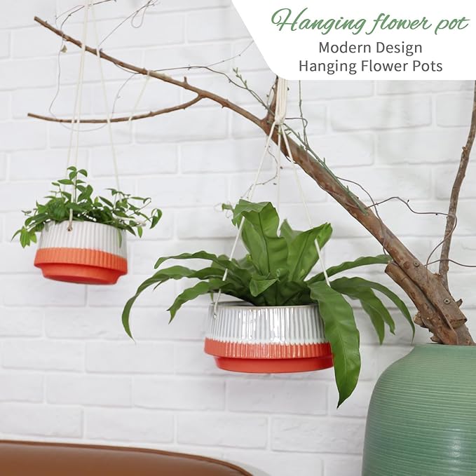Hanging Ceramic Planters 5.5 + 8.5 Inch Set of 2 with Rope and Hook, Indoor Outdoor Hanging Flower Pots Basket Planter Holder for Home Garden, Aquatic Plants, Without Drainage Hole