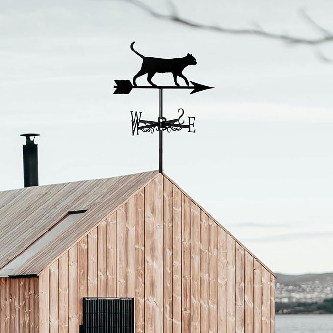 Metal Roof Black Cat Weathervane Durable Animals Ornament Wind Vane Wind Measuring Tool Weathercock for Garden Decoration Outdoor Farmhouse Farm Barn Sheds Patio Halloween