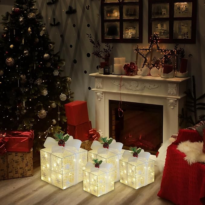 Christmas Lighted Gift Boxes, Pre-lit Present Boxes Set of 3 with Different Sizes, Battery Operated Snowflake Light up Decorations for Holiday Indoor Outdoor (4 Pack)