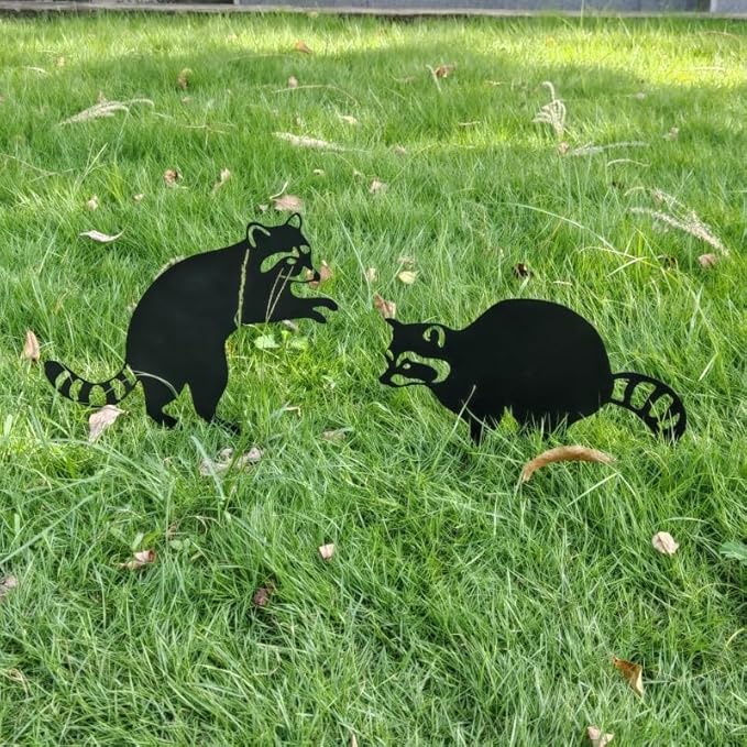 2 Pack Raccoon Metal Garden Stakes for Outdoor Decor – Cute Animal Yard Art for Garden, Lawn, or Pathway – Weather-Resistant Black Silhouette Statues, Unique Gift for Nature & Wildlife Lovers