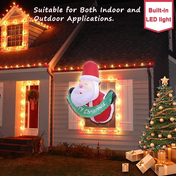 DearSun 3.5FT Christmas Inflatable Santa Claus with Build-in LED Lights Broke Out from Window, Blow up Christmas Inflatable Outdoor Indoor Decorations (Santa Claus Broke Window)