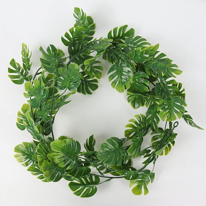 RECUTMS 2Pcs Artificial Monstera Leaf Vines 5.9FT Fake Hanging Plants Ivy Faux Tropical Palm Leaves Greenery Garland for Garden Porch Patio Jungle Luau Beach Birthday Party Indoor Outdoor Spring Décor