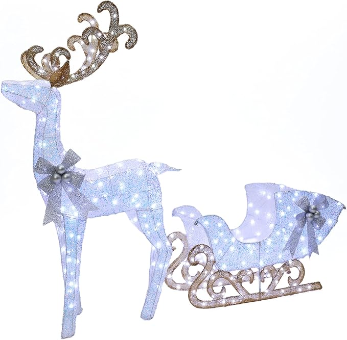 LuxenHome Lighted Reindeer Christmas Outdoor Yard Decorations, Prelit Reindeer and Sleigh Indoor & Outdoor Christmas Decor with 240 LED Lights, Xmas Decorations for Front Porch, Lawn, Garden Display