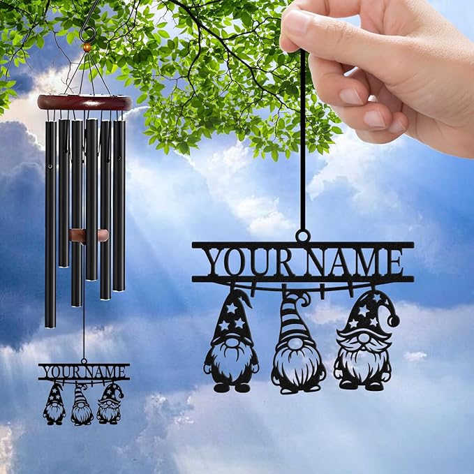 Personalized Customize Name Gnome Wind Chime, Metal Iron 37 Inch Outdoor Memorial Gift for Garden Yard Patio Home Decor, Black,Christmas (Style F)