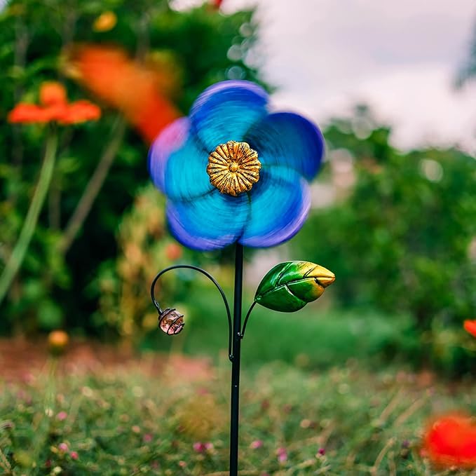 Viveta Wind Spinner with Metal Stake, 28.7 inches Outdoor Garden Pinwheels Spinners Blue Flower Shape Design for Yard Lawn Patio Decor