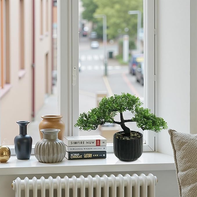 Artificial Bonsai Tree - Small Faux Bonsai Plants Indoor Japanese Fake Greenery Potted Plant with Ceramic Pot for Home Office Bedroom Living Room Bookcase Indoor Shelf Porch Decoration (14 x10.5 in)