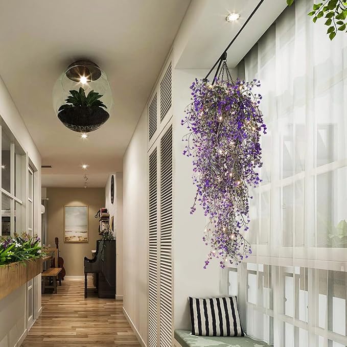 RECUTMS Artificial Hanging Plant 4 Pack Fake Fern with LED Lights Ivy Vines 2.5ft Faux Hanging Greenery Vine for Home Garden Wall Office Wedding Party Decoration (Purple)