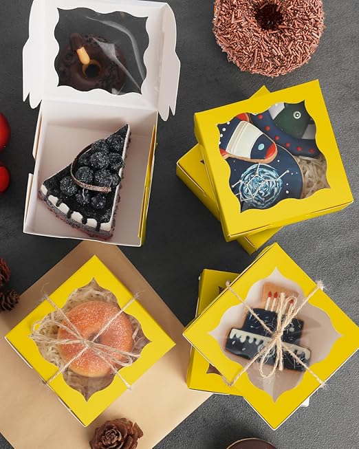 qiqee Yellow Bakery Box with Window 4x4x2.5 inch 30Packs Macaron Boxes Small Donut Pastry Boxes for Party Mini Cookie Boxes