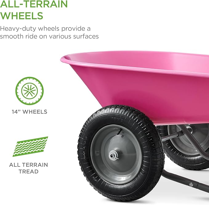 Best Choice Products Dual-Wheel Home Utility Yard Wheelbarrow Garden Cart w/Built-in Stand for Lawn, Gardening, Construction - Pink