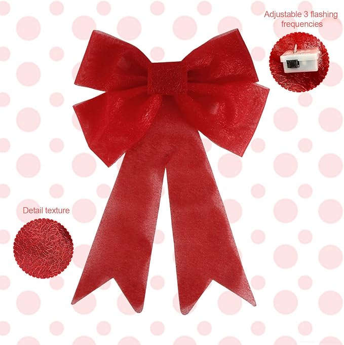 Christmas Bow Decorations Lighted Giant Christmas Bows Decoration 24 Inch Red Xmas Bows with LED Lights Xmas Tree Decorations Wreath Yard Décor Light for Indoor Outdoor Decor (2)