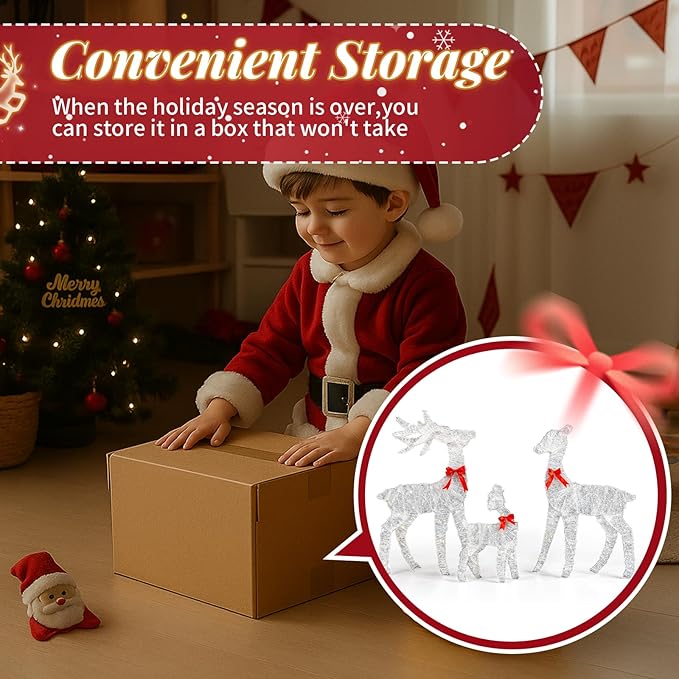 VINGLI 3-Piece Lighted Tinsel Christmas Reindeer Family Set, 3FT White Buck Doe Fawn Outdoor Yard Decorations, Pre-lit 110 Warm White LED Lights, Weatherproof Xmas Lawn Garden Home Decor