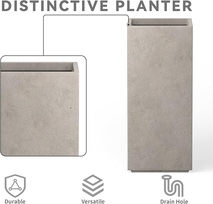 Kante 23.6" H Tall Rectangular Concrete Planter, Modern Design Plant Pot with Drainage Hole and Rubber Plug for Indoor Outdoor Plants, Patio, Garden and Home, Weathered Concrete