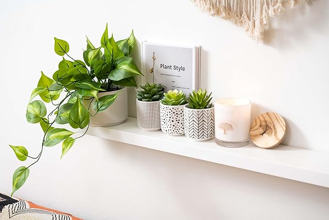 Kurrajong Farmhouse Dark Green Fake pothos | Fake Plant for Shelf Decor | Artificial Trailing Ivy Plant with 5" Wide x 3.5" high Ceramic Pot Faux pothos Plant for Floating Shelves