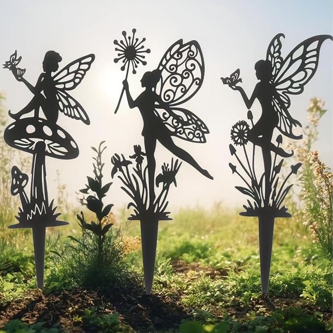 Fairy Decorative Garden Stakes Decorative Set Fairies for Fairy Garden Black Metal 3P