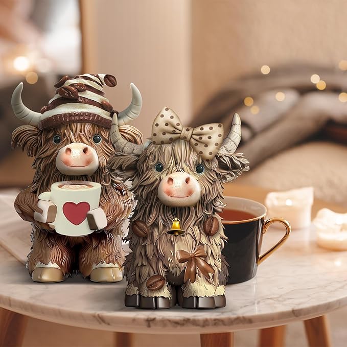 2 Pack Christmas Highland Cow Resin Figurine Decor Coffee Theme Highland Cow Gnomes Starfish Resin Statue for Garden Table Shelf Kitchen Home Coffee Bar Decor Calf Gnome Herd Gifts