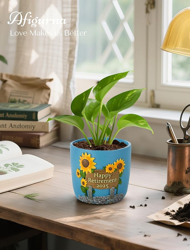 Plant Pot Retirement Gift for Woman - Happy Retirement 2025 - Hand-Painted Flower Pot for Unique Retired Gifts or Retirement Party Decorations - Succulent Planter with Drainage 5.3 inch