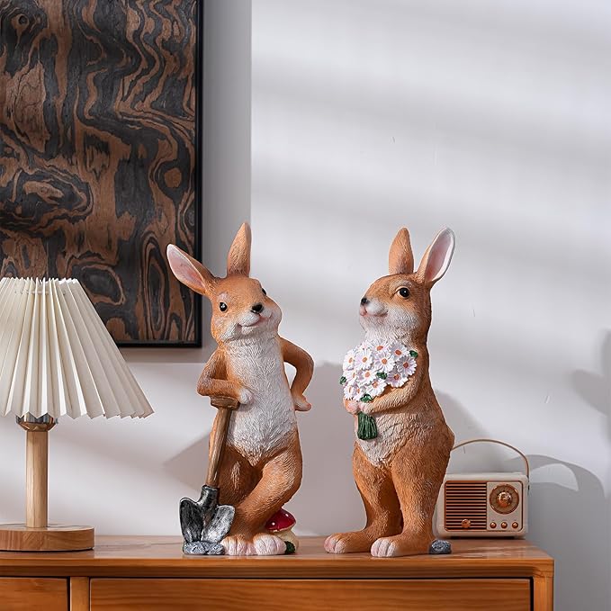 Garden Rabbit Statue Outdoor Decor- 13.38" Indoor/Outdoor Resin Bunny Decor - Ideal Gift for Gardeners and Occasions (Large)