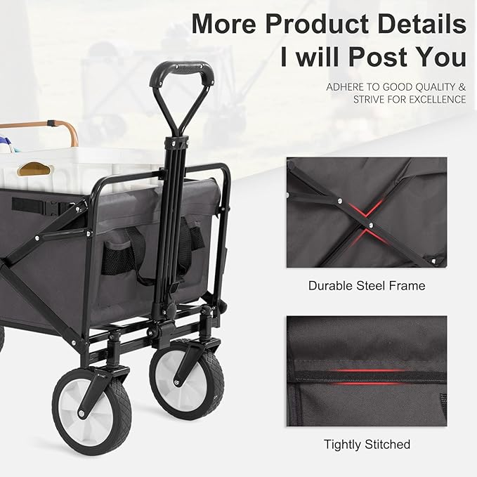 PayLessHere | Collapsible Wagon Cart with Wheels | Gray | Heavy Duty Foldable Utility Cart with 330 lb Capacity | with All-Terrain Wheels & Adjustable Handle for Outdoor, Garden, Beach, Shopping