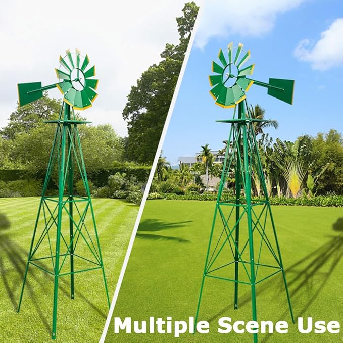 8FT Windmill for Yard Garden Decoration with Weather Vanes,Heavy Duty Outdoor Wind Mills, Large Metal Outdoor Windmill, Weather Resistant,Green