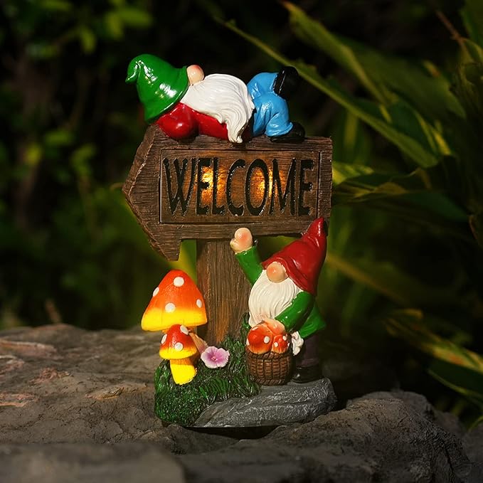 Galiyen Garden Gnomes Outdoor Clearance Large - 11.8'' Garden Gnome Statue with Solar LED Lights, Outdoor Spring Decorations for Patio Yard Lawn Porch Funny Gnomes Ornament Gift