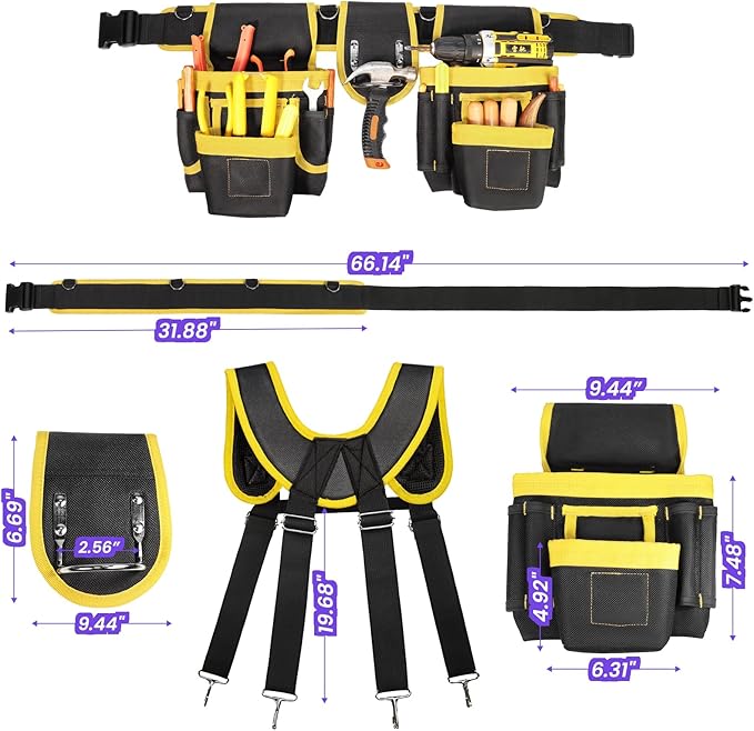 Tool Belt, Professional Tool Belts for Men, Magnetic Tool Pouch With Suspenders, Heavy Duty Detachable Adjustable Utility Belt Work Bags for Electrician, Carpenter (Black and Yellow, 32''-66'')